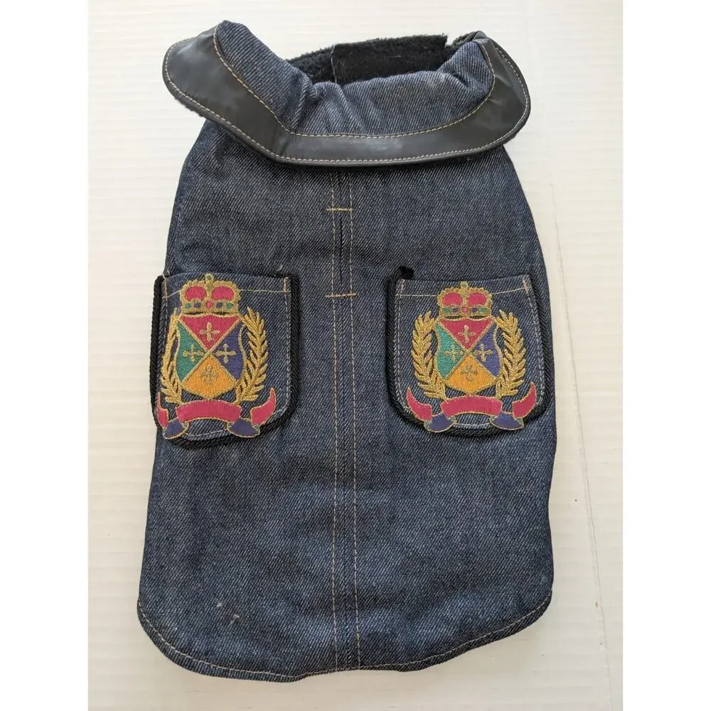 Animal Wrappers Dog Coat Size 10 Denim Crest Pockets Black Fleece Lined Made In
